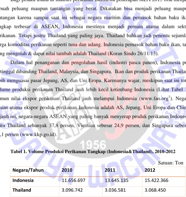 Tabel 1. Volume Produksi Perikanan Tangkap (Indonesia&amp;Thailand), 2010-2012  Satuan: Ton 