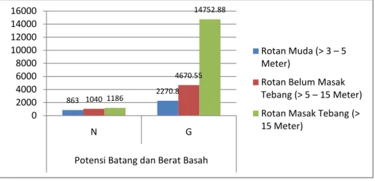 Gambar 5. Diagram Potensi Jumlah Keseluruhan (N) dan Berat Basah (G) Jenis Rotan Berdasarkan Klasifikasi Rotan Pada Kelompok Hutan Sungai Tenungun Kecamatan Bunut Hulu Kabupaten Kapuas Hulu