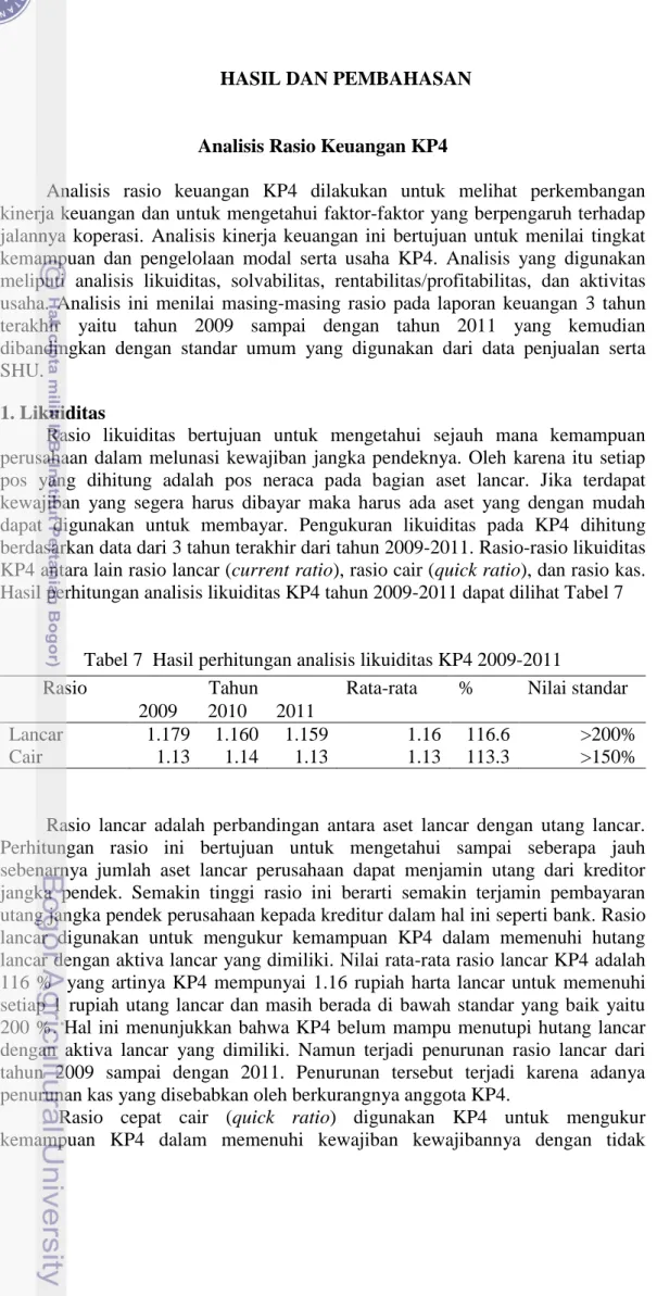 Tabel 7  Hasil perhitungan analisis likuiditas KP4 2009-2011 