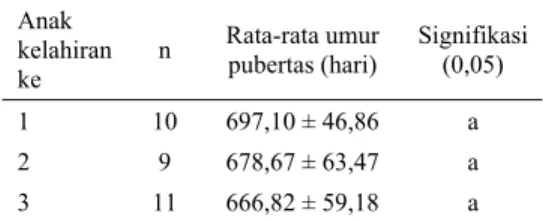 Tabel 1.  Rata-rata umur pubertas pada setiap  kelahiran sapi Madura betina 