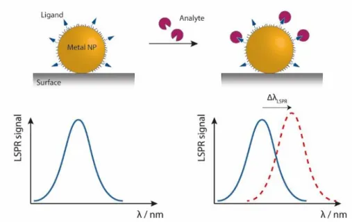 Gambar 2.4 Ilustrasi konsep dasar yang melandasi sensor analit dengan material   nanoplasmonik (Fratoddi, 2017) 