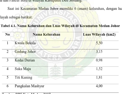 Tabel 4.1. Nama Kelurahan dan Luas Wilayah di Kecamatan Medan Johor 