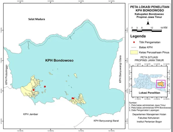 Gambar 1 Peta lokasi penelitian kelas perusahaan pinus KPH Bondowoso 