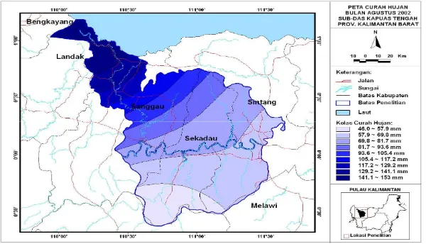 Gambar 6.  Peta Curah Hujan Agustus 2002 di Sub DAS Kapuas Tengah 
