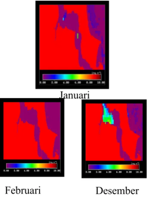 Gambar 4. Sebaran konsentrasi klorofil-a di Perairan Selat Bangka pada Musim Barat, Tahun 2009 (Bulan Januari, Februari, dan Desember)