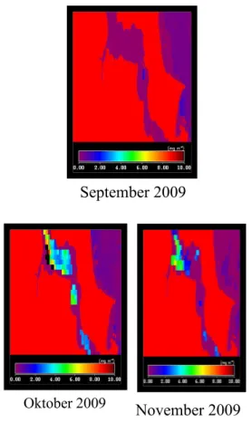 Gambar 4. Sebaran konsentrasi klorofil-a di Perairan Selat Bangka pada Musim Peralihan II Tahun 2009 (Bulan September, Oktober, dan November)