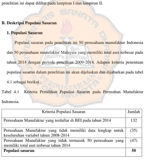 Tabel  4.1    Kriteria  Pemilihan  Populasi  Sasaran  pada  Perusahan  Manufaktur  Indonesia