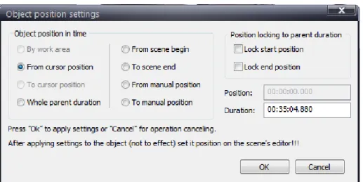 Gambar 3.10 Mengatur teks yang akan ditambahkan kedalam timeline  12. Tampil kotak dialog Object position settings, lalu pilih From cursor position di 