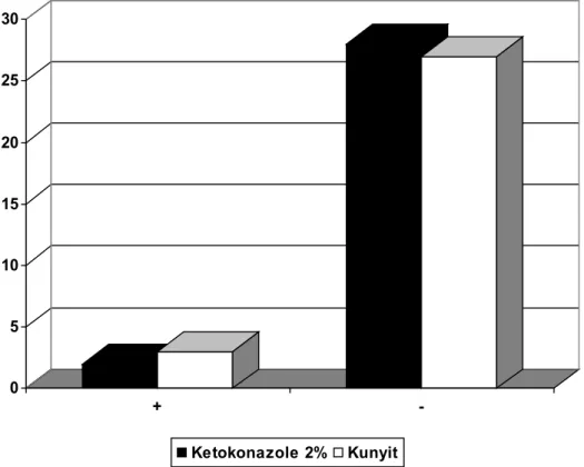 Grafik 1.Perbandingan pertumbuhan Malassezia sp. Pada media Sabouraud  Dekstrose   Agar  +   ekstrak   kunyit(Curcuma   domestica)  dan   pada   media  Sabauroud Dekstrose Agar+ ketokonazol 2 %