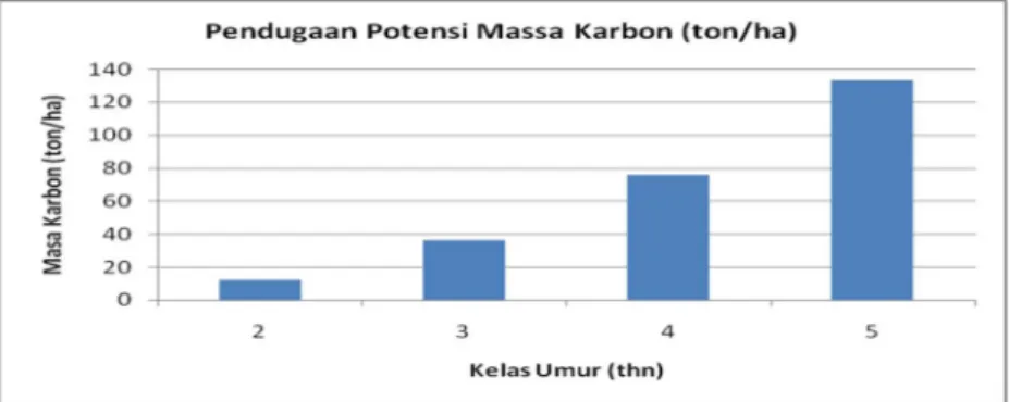 Gambar 1.  Pendugaan potensi massa karbon (ton/ha)  Figure 1. Estimation of the potential of carbon mass (tonnes / ha)  Dari  Gambar  1  menunjukkan 