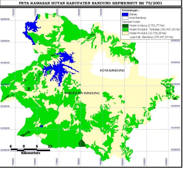 Gambar 1.  Peta Hasil Analisis Spasial Kawasan Hutan Kepmenhut SK 79/2001 di Kabupaten Bandung dalam Format Perangkat Lunak Arcview