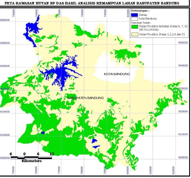 Gambar 2.  Peta Hasil Analisis Spasial Kawasan Hutan Berdasarkan Kemampuan Lahan BPDAS di Kabupaten Bandung dalam Format Perangkat Lunak Acrview