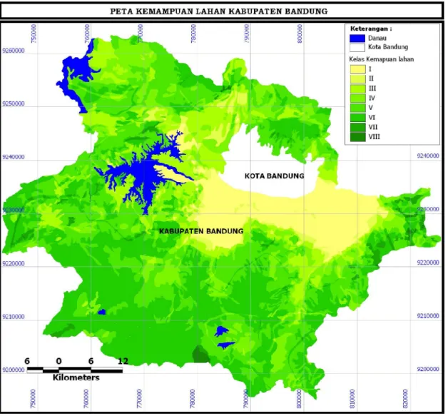 Gambar 3. Peta Kemampuan Lahan di Kabupaten Bandung Hasil Analisis Spasial Menggunakan  Perangkat  Lunak  Arcview