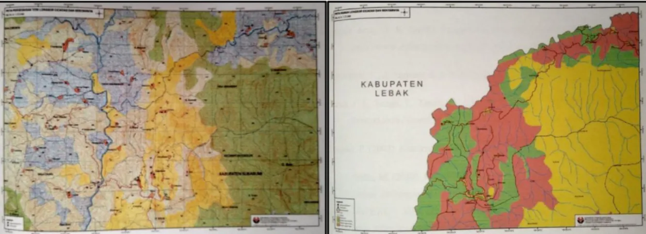 Gambar 9. Peta Pola Sebaran Titik Tanahlongsor (kiri) dan Tingkat Kerawanan Longsor  (kanan) skala 1 : 25.000 hasil pemetaan mahasiswa dalam kajian geografi fisik sebagai 