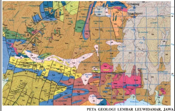 Gambar 1. Peta Geologi Lembar Leuwidamar lokasi Kampung Adat Sinar Resmi dan  Sekitarnya (Sudjatmiko dan S.Santosa, 1992).