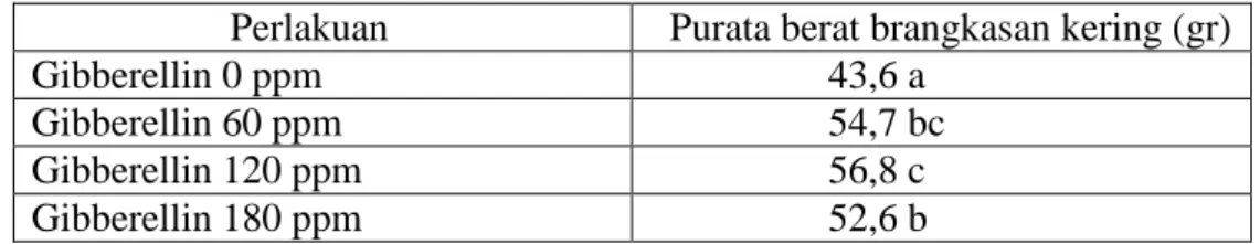 Tabel  3.  Pengaruh  konsentrasi  gibberellin  terhadap  berat  brangkasan  kering  tanaman (gram) 