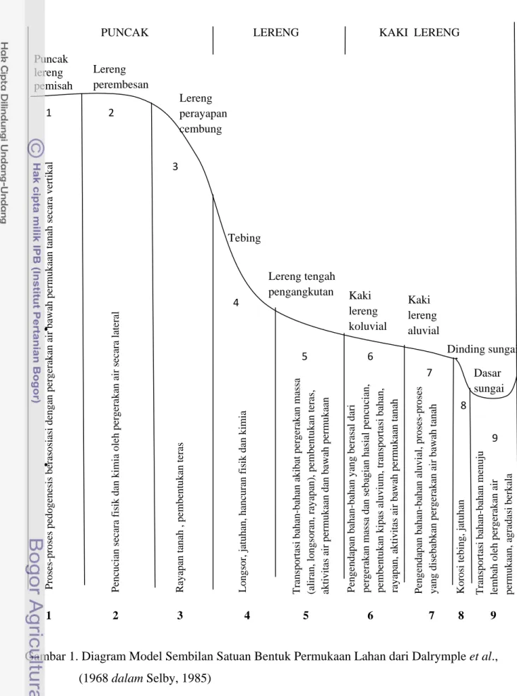 Gambar 1. Diagram Model Sembilan Satuan Bentuk Permukaan Lahan dari Dalrymple et al.,           (1968 dalam Selby, 1985) Puncak lereng  pemisah Lereng perembesan  Lereng  perayapan cembung Tebing  Lereng tengah pengangkutan  Kaki  lereng  aluvial Kaki lere