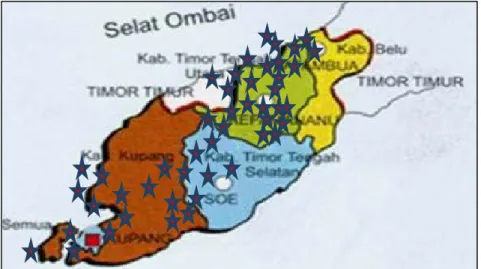 Gambar 1.  Sebaran titik sampel hasil survei keragaman genetik tanaman di Kabupaten Belu,  Malaka, Timor Tengah Utara (TTU), Timor Tengah Selatan (TTS), dan Kupang