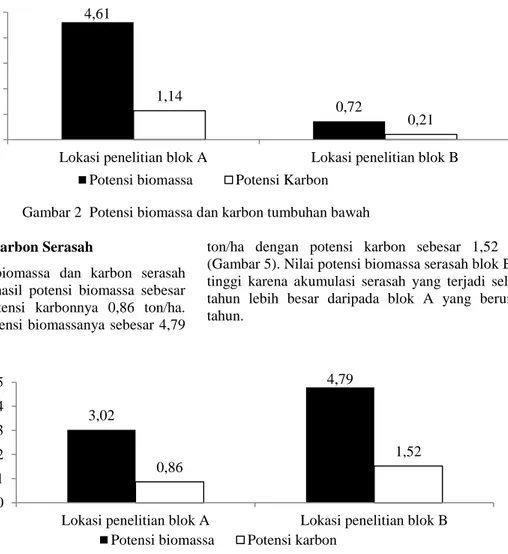 Gambar 2  Potensi biomassa dan karbon tumbuhan bawah  Potensi Biomassa dan Karbon Serasah 