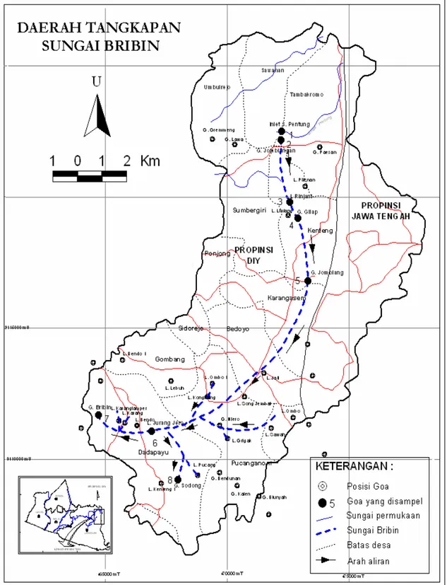 Gambar 1. Peta perkiraan daerah tangkapan air (DAS) Goa Bribin dan sistem jaringan  sungainya 
