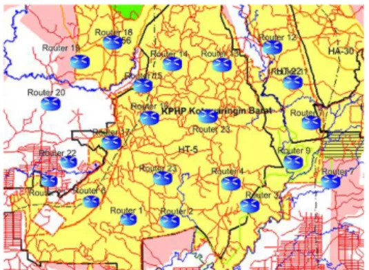 Gambar 4. Desain Peta Node yang akan dioptimasi  Setelah  menyusun  Router  dan  sebaran  router  di  wilayah  PT.XYZ