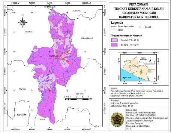 Gambar 1.  Peta Zonasi Tingkat Kerentanan Airtanah terhadap Pencemaran di Daerah  Penelitian