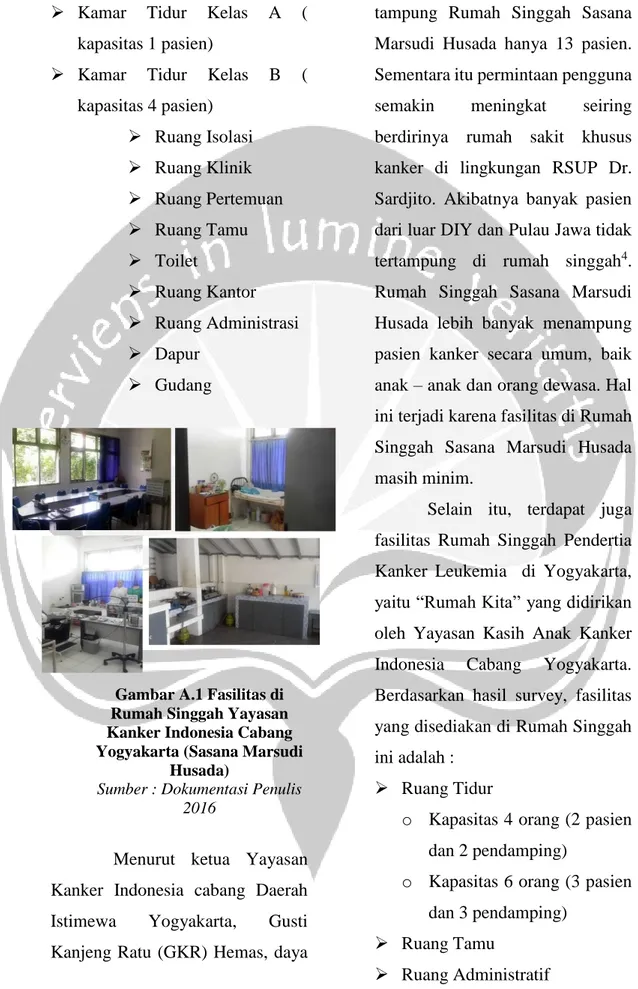 Gambar A.1 Fasilitas di  Rumah Singgah Yayasan  Kanker Indonesia Cabang  Yogyakarta (Sasana Marsudi 
