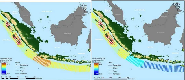 Gambar 7.  Analisis kemungkinan sebaran spasial dari kejadian gempa pada besaran  tertentu sepanjang Palung Sunda (gambar kiri : Mw 8.0, gambar kanan: Mw 9.0) 