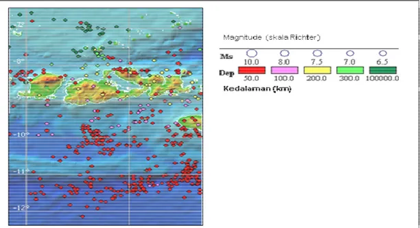 Gambar 3: Sebaran gempa besar di daerah Nusa Tenggara Barat sampai tahun 2004  Sumber : International Tsunami Database 