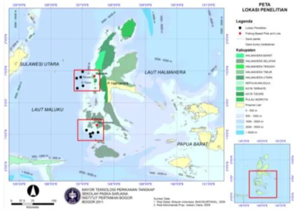 Gambar 1.  Lokasi penelitian dan pembagian zona di perairan barat  (A) dan selatan (B)  Provinsi Maluku Utara