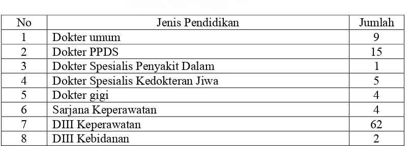 Tabel 4.1. Jumlah Tenaga Pelayanan Kesehatan Jiwa berdasarkan Jenis   Pendidikan di Rumah Sakit Jiwa Daerah Provinsi Sumatera Utara 