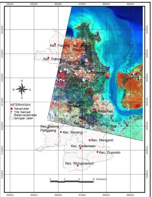 Gambar  1. Peta  lokasi  penelitian  dan  titik  pengambilan  contoh  di  kawasan pertambakan  Kabupaten  Gresik  Provinsi  Jawa  Timur
