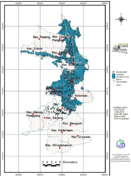 Gambar  2. Peta distribusi tambak di Kabupaten Gresik Provinsi Jawa Timur