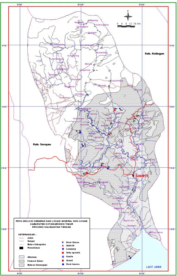 Gambar 2. Peta geologi sebaran dan lokasi mineral non logam di  Kabupaten Kotawaringin Timur 