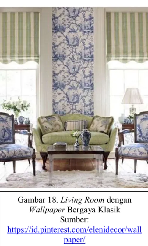 Gambar  di  atas  menunjukkan  warna  wallpaper  bernuansa  beige  keemasan  dengan  motif  bunga  dan  dan  sulur-sulur  yang  khas  gaya  klasik