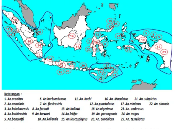 Gambar 2.3  Peta sebaran vektor malaria Indonesia. (Sumber: Depkes RI, 2009). 
