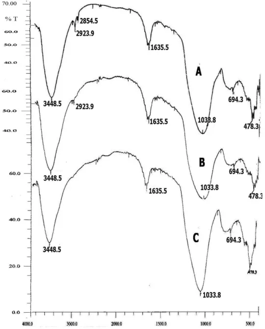 Gambar 6  Spektra IR kaolin termodifikasi pada konsentrasi 2,5 x 10 -2  M dengan  variasi temperatur: (A) 150 o C (B)  250 o C (C) 350  o C 