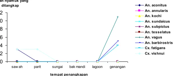 Gambar  5.  Jumlah  larva  Anopheles  yang  ditangkap  berdasarkan  tempat  perindukan  di  Buayan, Kabupaten  Kebumen, Jawa Tengah  