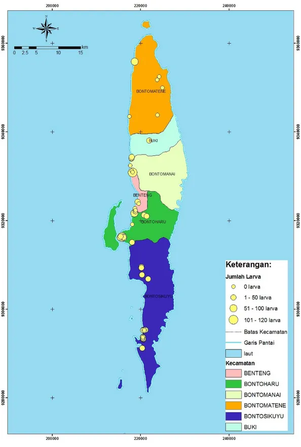 Gambar 1.  Peta  Distribusi  Kepadatan  Larva  Anopheles  sp.  di  Kabupaten Kepulauan Selayar Tahun 2014 