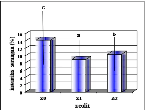 Gambar 3 Tingkat keparahan penyakit tanaman lada pada perlakuan  Zeolit 
