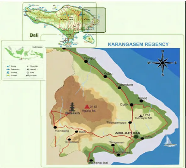 Gambar 4.  peta lokasi pengambilan sampel Kabupaten Karangaem, Bali  (Anonim 2007) 