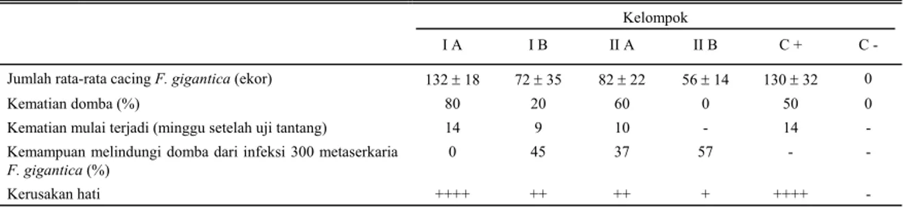 Tabel 2.  Ringkasan data tentang jumlah cacing Fasciola gigantica, kematian domba serta kemampuan ekstrak antigen cacing hati F