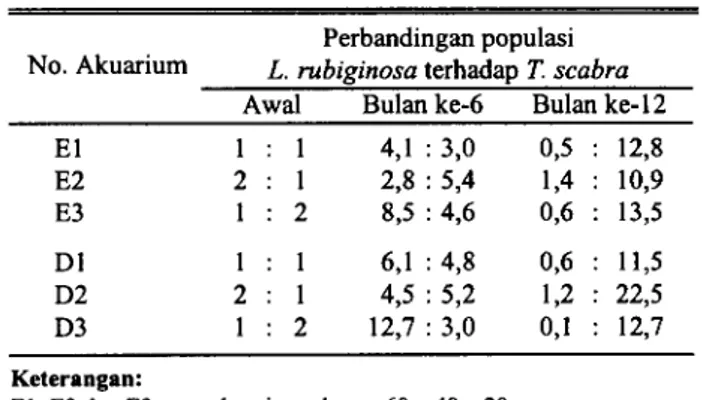 Tabel 6. Proporsi/perbandingan populasi siput Lymnaea rubiginosa dan siput Physa doopi yang dipelihara bersama dalam akuarium ukuran 60 x 40 x 20 cm dan ukuran 30 x 20 x 10 cm