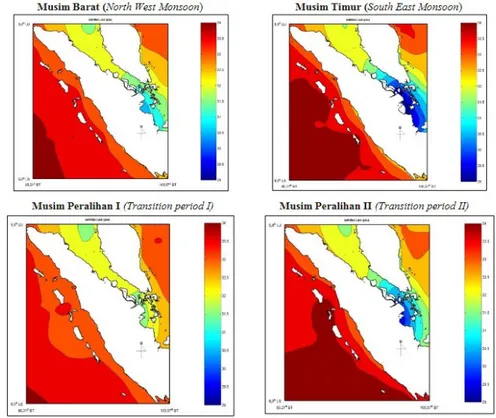 Gambar 3. Pola sebaran salinitas secara horizontal di perairan pantai barat Sumatera (The distribution pattern  of  horizontally salinity in  the west coastal of Sumatra) 
