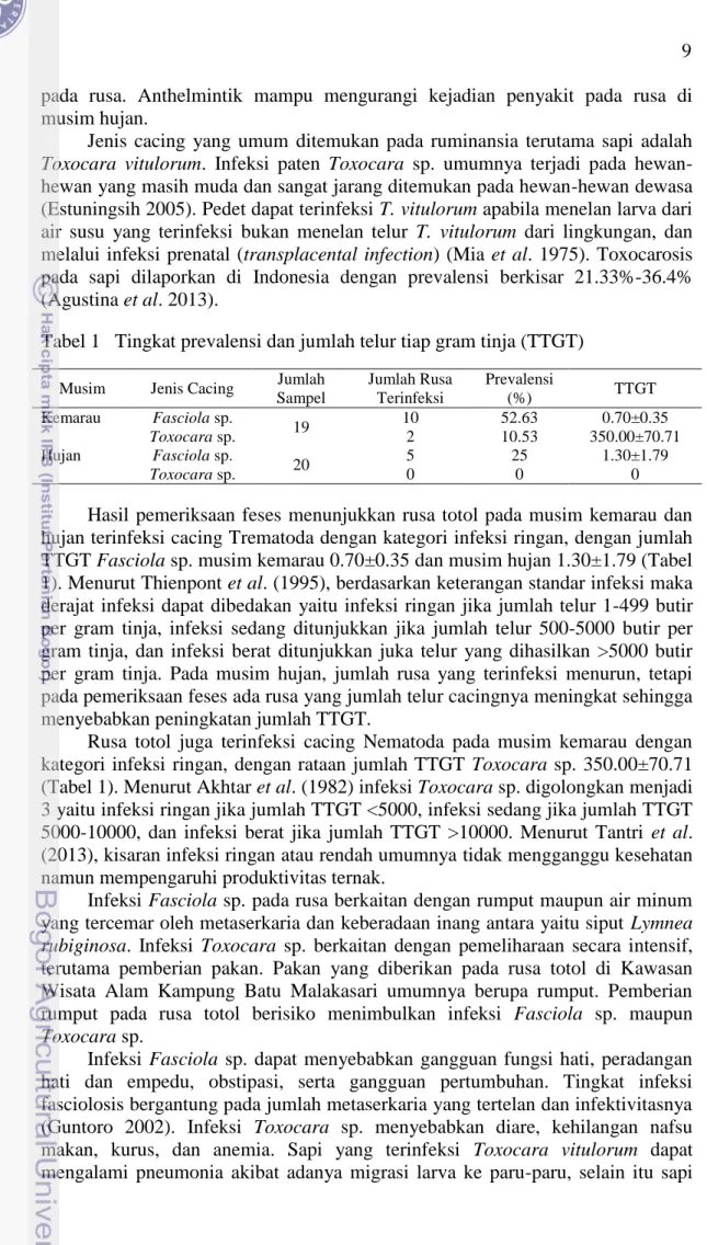 Tabel 1   Tingkat prevalensi dan jumlah telur tiap gram tinja (TTGT) 