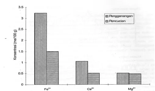 Gambar 3.  Dampak negatif pelindian terhadap konsentrasi Fe 2+ , Ca 2+ , dan Mg 2+