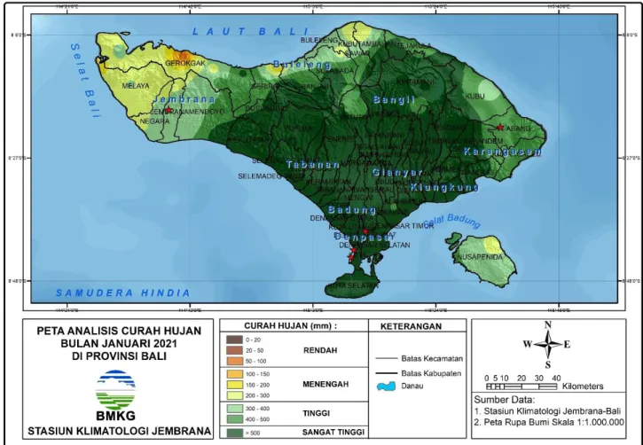 Gambar 1. Peta analisis curah hujan bulan Januari 2021 di Provinsi Bali