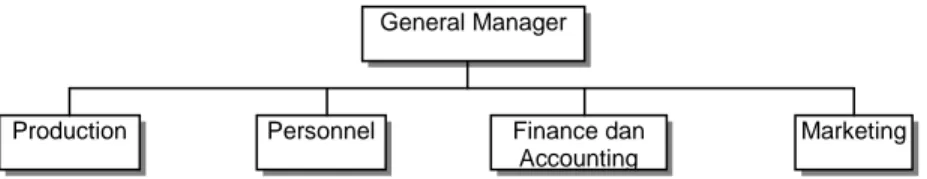 Gambar  13.7  merupakan  model  struktur  organisasi  tradisional  di  mana  produksi/operasi,  personalia,  keuangan,  dan  akuntansi,  marketing,  dan  lainnya  terpisah satu sama lainnya dengan komando di General Manager