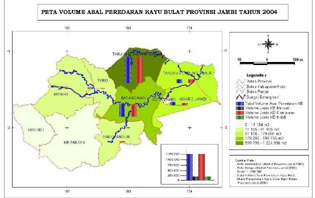 Gambar 9  Peta volume asal peredaran kayu bulat Provinsi Jambi Tahun 2004.