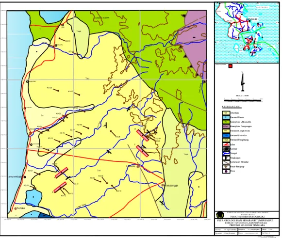 Gambar 5. Peta Geologi dan sebaran serpih bitumen daerah penyelidikan  (Agus Subarnas 2014, Sumber :  T.O Simandjuntak, dkk Peta Geologi Kolaka P3G, 1993